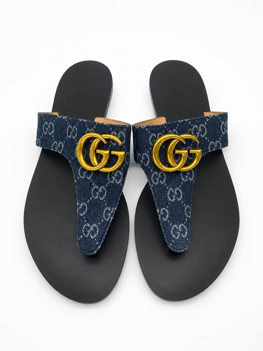 Gucci GG Denim Thong Sandals Blue Gold Logo EU 42 US 12 NEW